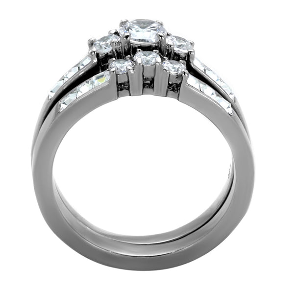 His Hers 3 Pcs Stainless Steel Small Round Cut CZ Wedding Ring set and Mens Band - LA NY Jewelry