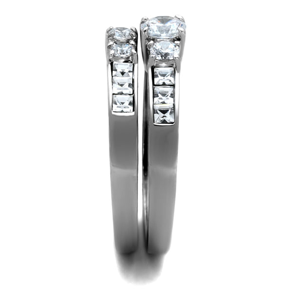 His Hers 3 PCS Stainless Steel Round Cut CZ Wedding Ring set Mens Flat Band - LA NY Jewelry