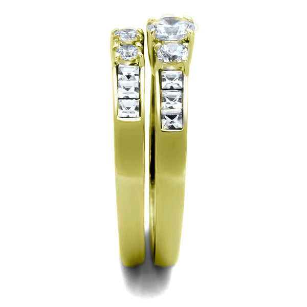 His Hers 3 Pcs Gold IP Stainless Steel Small Round Cut CZ Wedding Ring set and Mens Band