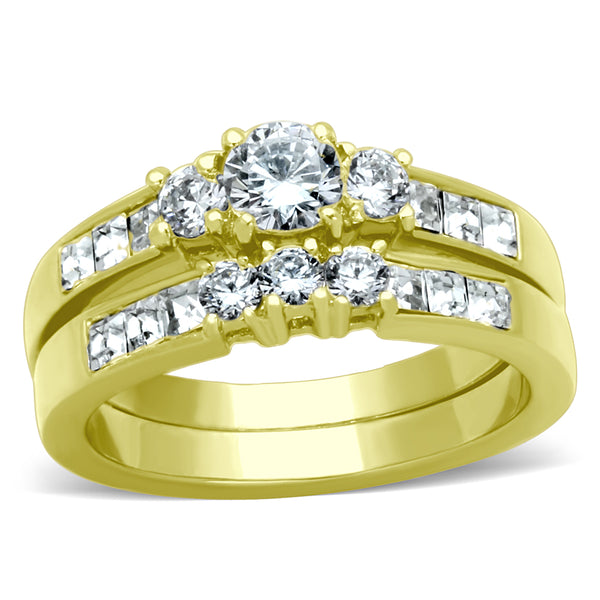 His Hers 3 Pcs Gold IP Stainless Steel Small Round Cut CZ Wedding Ring set and Mens Band