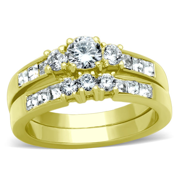 Womens 14K Gold Plated Small Round CZ Engagement Ring Mens Flat Wedding Band - LA NY Jewelry