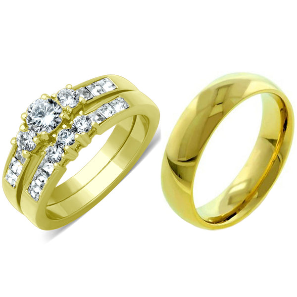 His Hers 3 Pcs Gold IP Stainless Steel Small Round Cut CZ Wedding Ring set and Mens Band