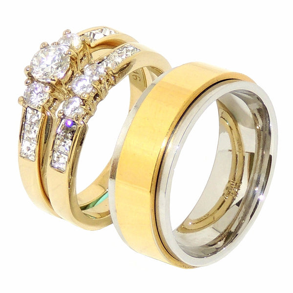Couple Ring Set Gold IP Stainless Steel Round CZ Promise Ring set Mens Gold Spinning Band - LA NY Jewelry