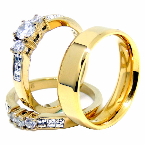 Womens 14K Gold Plated Small Round CZ Engagement Ring Mens Flat Wedding Band - LA NY Jewelry