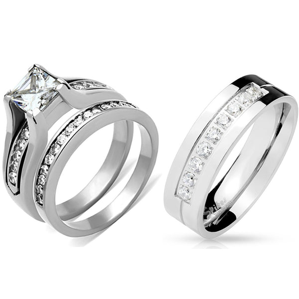 3 PCS Couple Womens 7x7mm Princess CZ Engagement Ring Set Mens 9 CZ Band