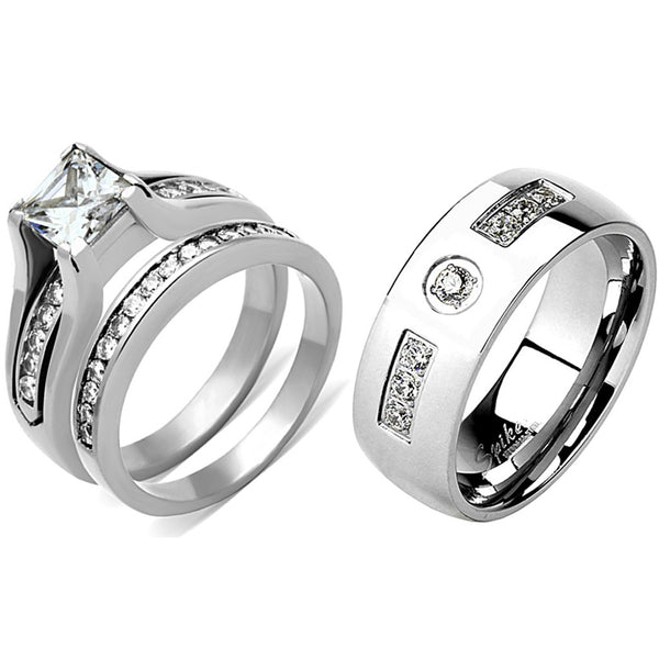 3 PCS Paar Frauen 7x7mm Prinzessin CZ Verlobungsring Set Herren 7 CZs Band