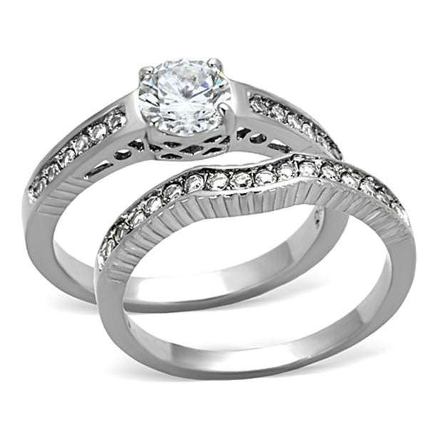 His Hers 3 PCS Womens 6x6mm Round CZ Stainless Steel Wedding Ring Set Mens 9 Round CZ Band - LA NY Jewelry