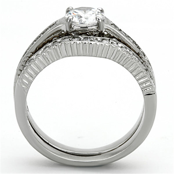 His Hers 3 PCS Womens 6x6mm Round CZ Stainless Steel Wedding Ring Set Mens 9 Round CZ Band - LA NY Jewelry