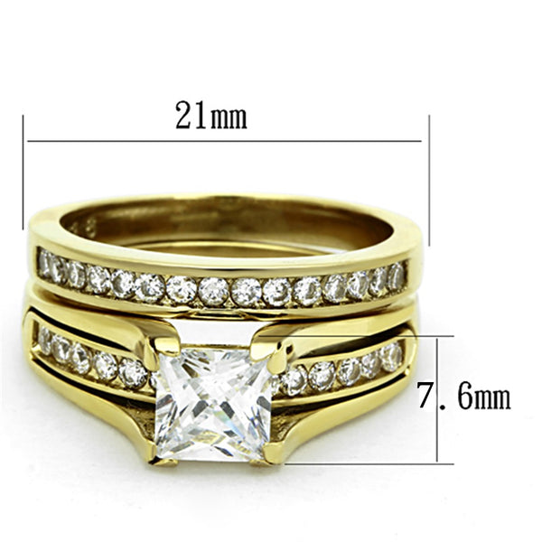 Womens 14K Gold Plated Princess CZ Engagement Ring Mens Flat Wedding Band - LA NY Jewelry