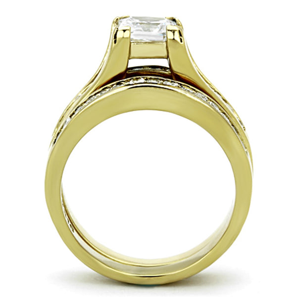Womens 14K Gold Plated Princess CZ Engagement Ring Mens Flat Wedding Band - LA NY Jewelry