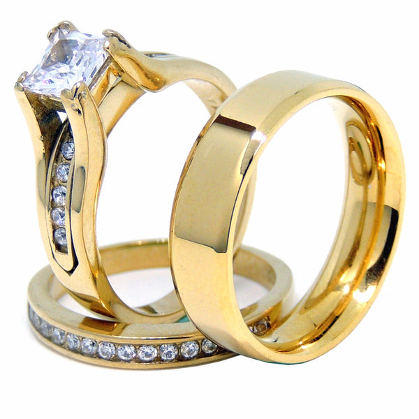 Womens 14K Gold Plated Princess CZ Engagement Ring Mens Flat Wedding Band - LA NY Jewelry