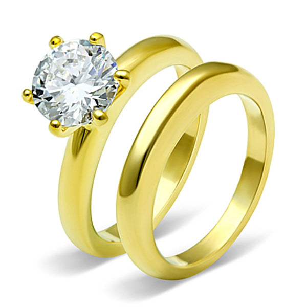 His Hers 3 PCS Round Cut CZ Solitaire Gold IP Stainless Steel Wedding Set /Mens Gold Band - LA NY Jewelry