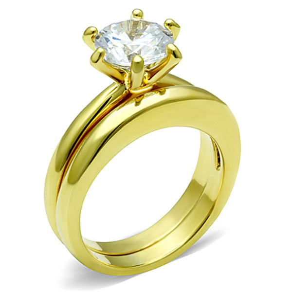 His Hers 3 PCS Round Cut CZ Solitaire Gold IP Stainless Steel Wedding Set /Mens Gold Band - LA NY Jewelry