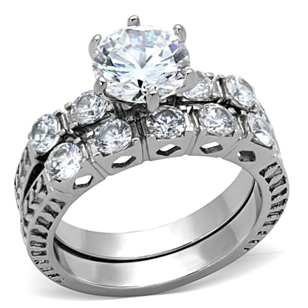 His Hers 3 PCS 8x8mm Round Cut CZ Womens Stainless Steel Wedding Ring Set Mens 9 CZ Band