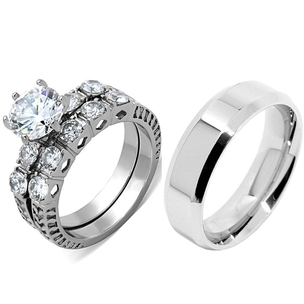 3 PCS Couple Ring Set Womens 8x8mm Round Cut CZ Stainless Steel Wedding Ring Set Mens Flat Band
