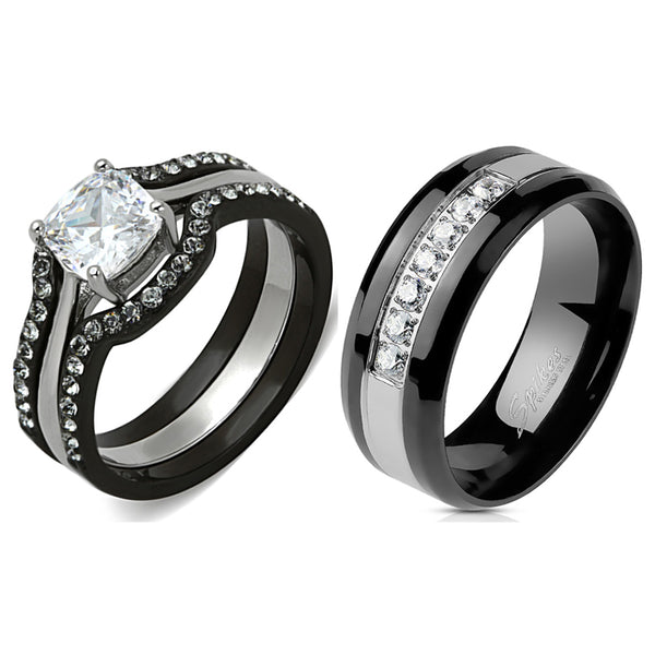 His Hers 4 PCS Black Cushion Cut CZ Promise Ring Mens 7 CZ Wedding Band