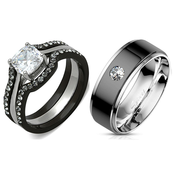 His Hers 4 PCS Black Cushion Cut CZ Promise Ring Mens Bezel Set CZ Wedding Band