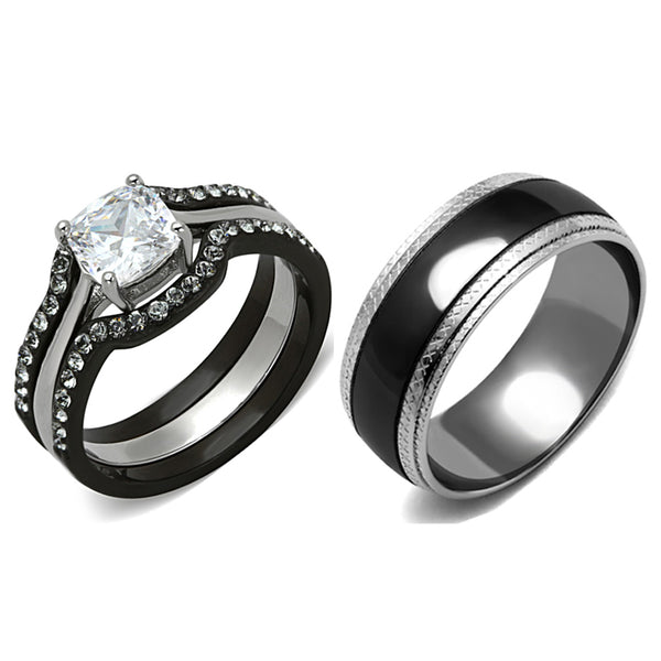 His Hers 4 PCS Black IP Stainless Steel Cushion Cut CZ Wedding Set Mens Matching Black Band