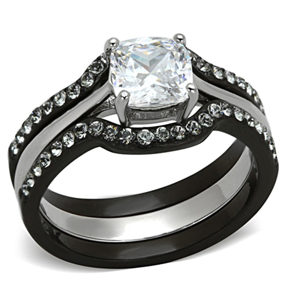 His Hers 4 PCS Black IP Stainless Steel Cushion Cut CZ Wedding Set Mens Matching Black Band - LA NY Jewelry