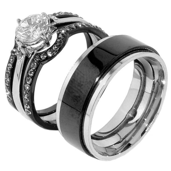 His Hers 4 PCS Black IP Stainless Steel Round Cut CZ Wedding Set Mens Spinning Matching Band - LA NY Jewelry