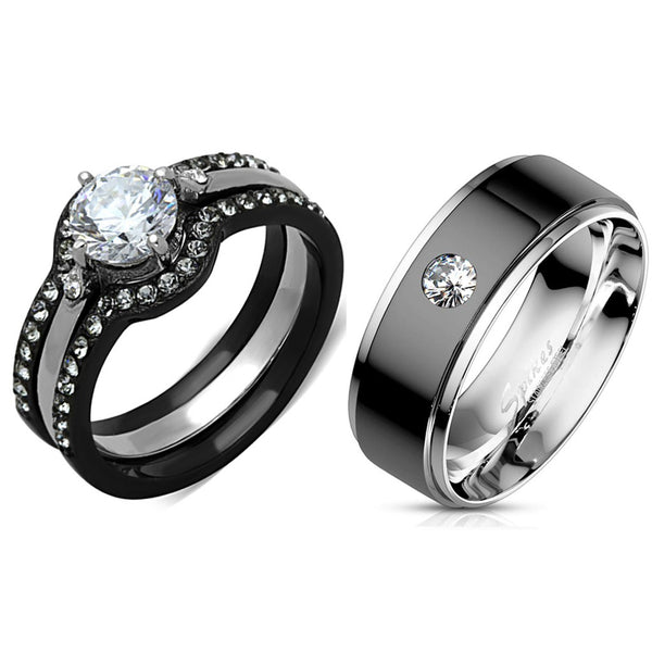 His Hers 4 PCS Round Cut CZ Black Engagement Ring Set Mens Bezel Set CZ  Wedding Band