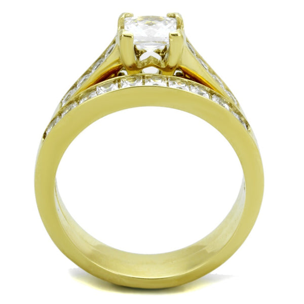 Couples Ring Set 14K Gold Plated 5mm Princess CZ Wedding Ring Mens Gold Plated Flat Wedding Band - LA NY Jewelry