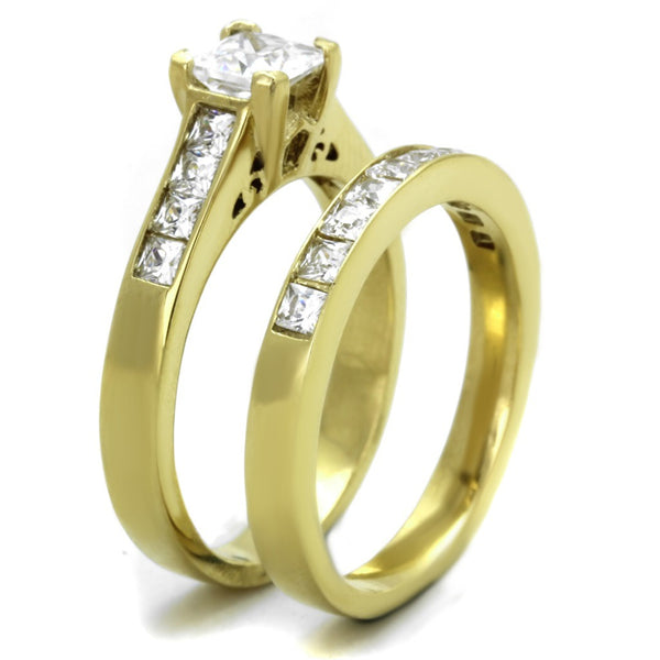 Couples Ring Set 14K Gold Plated 5mm Princess CZ Wedding Ring Mens Gold Plated Flat Wedding Band - LA NY Jewelry