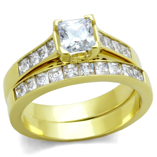 Couples Ring Set 14K Gold Plated 5mm Princess CZ Wedding Ring Mens Gold Plated Flat Wedding Band - LA NY Jewelry
