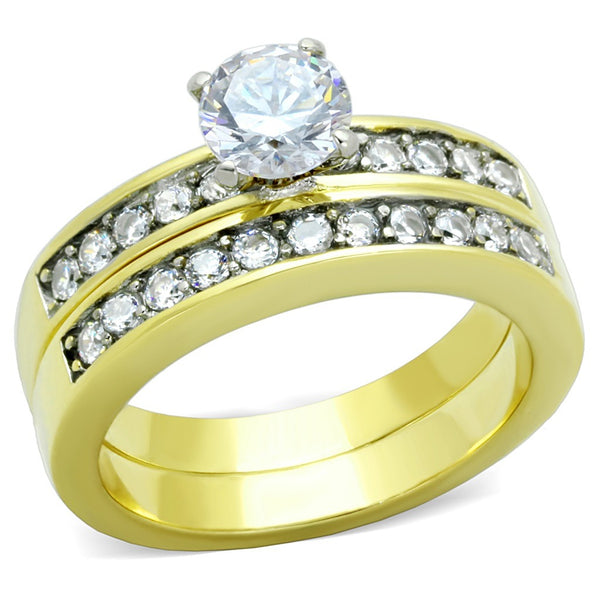Couples Ring Set Womens Gold Plated 6mm Round CZ Ring Set Mens Gold Plated Flat Wedding Band - LA NY Jewelry