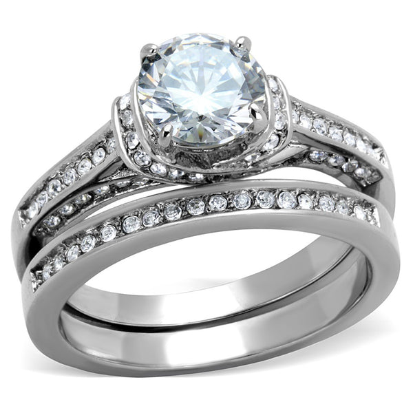 His Hers 3 PCS 7x7mm Round Cut CZ Womens Stainless Steel Wedding Ring Set Mens Matching Band - LA NY Jewelry