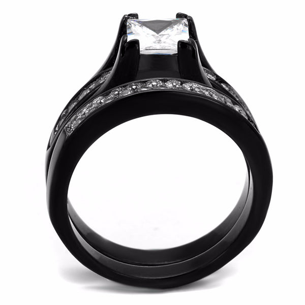 7x7mm Princess CZ Black IP Stainless Steel Engagement 2 Ring Set - LA NY Jewelry