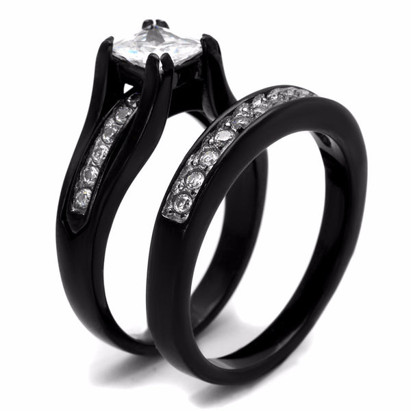 Paarring-Set für Damen, ein Karat, Prinzessinnen-CZ, schwarzer Verlobungsring, Herren-Lünetten-Set, CZ-Ehering