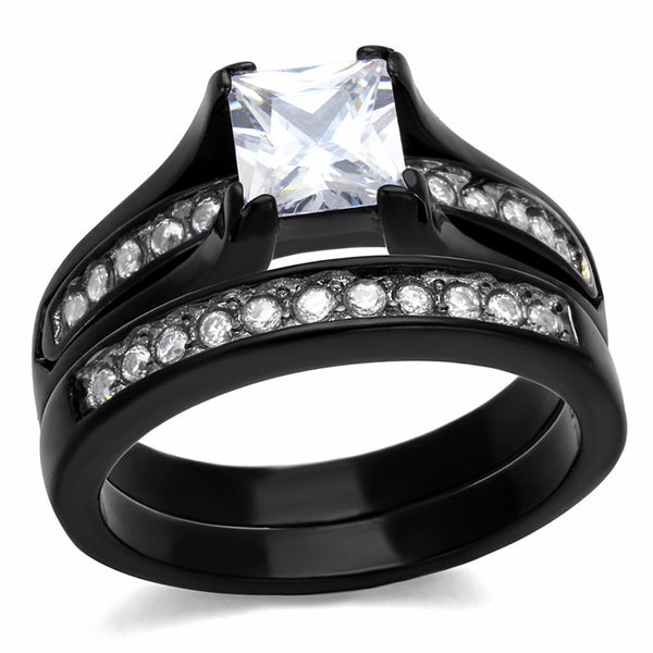 Couple Ring Set Womens One Carat Princess CZ Black Promise Ring Mens 7 CZs Wedding Band - LA NY Jewelry