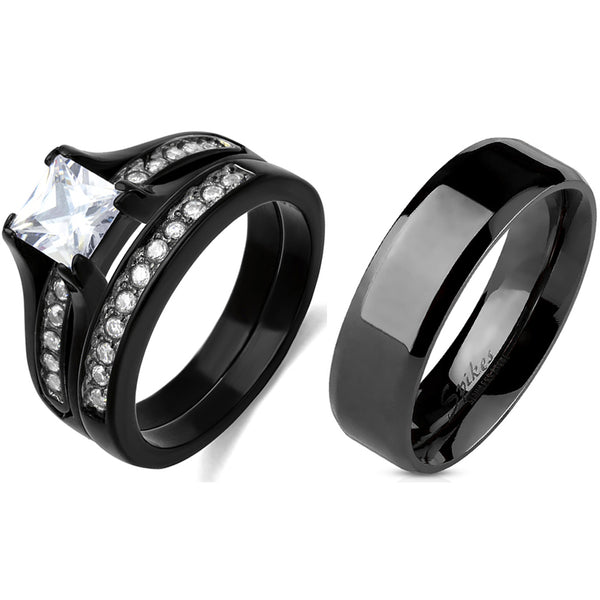 Juego de anillos de pareja para mujer, anillo de boda de acero inoxidable negro con circonita cúbica princesa de un quilate, juego de banda plana para hombre