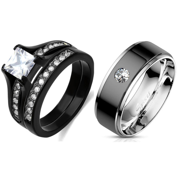 Paarring-Set für Damen, ein Karat, Prinzessinnen-CZ, schwarzer Verlobungsring, Herren-Lünetten-Set, CZ-Ehering