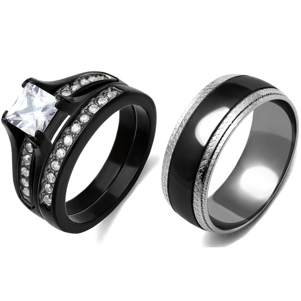 3 PCS Couple Black IP Stainless Steel 7x7mm Princess Cut CZ Engagement Ring Set Mens Matching Band