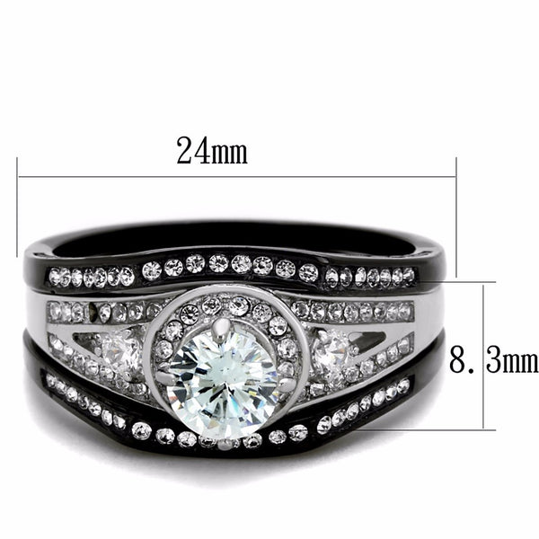 4-teiliges Paar-Set aus schwarzem IP-Edelstahl, 6 x 6 mm, runder Schliff, CZ-Verlobungsring-Set für Herren, Lünetten-Set, CZ-Ehering