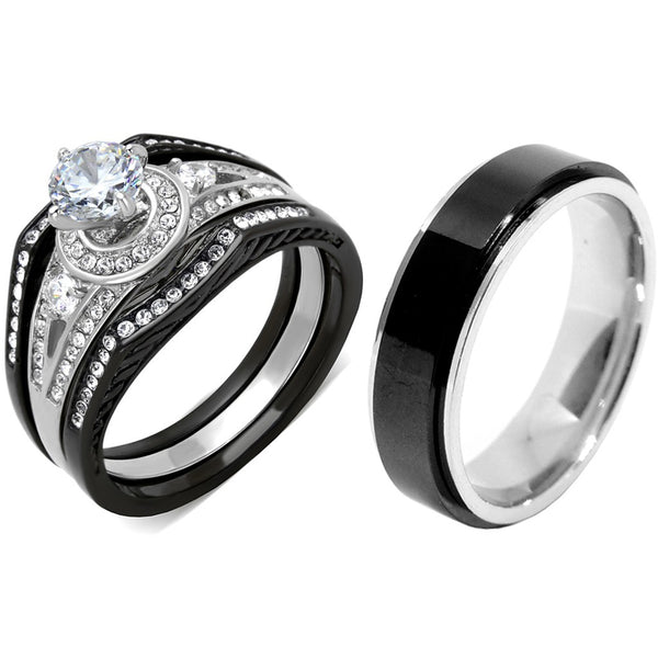 4-teiliges Paar-Set aus schwarzem IP-Edelstahl, 6 x 6 mm, runder Schliff, CZ-Verlobungsring, drehbares Band für Herren