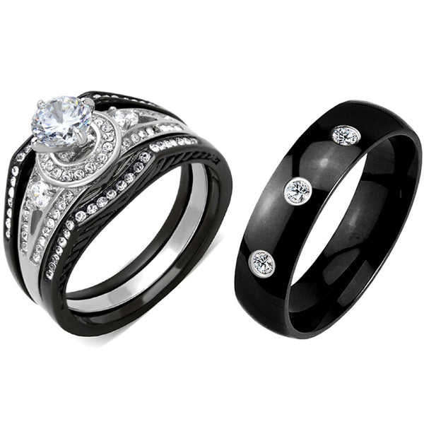 4-teiliges Paar-Set aus schwarzem IP-Edelstahl, 6 x 6 mm, runder Schliff, CZ-Verlobungsring, Herrenring mit 3 CZ-Bändern