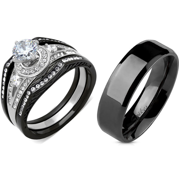 4 PCS Paar schwarz IP Edelstahl 6 x 6 mm Rundschliff CZ Verlobungsring Set Herren flaches Band