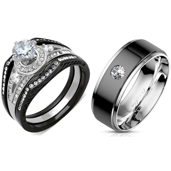 4-teiliges Paar-Set aus schwarzem IP-Edelstahl, 6 x 6 mm, runder Schliff, CZ-Verlobungsring-Set für Herren, Lünetten-Set, CZ-Ehering