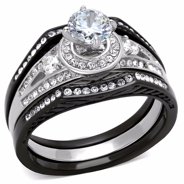 4 PCS Couple Black IP Stainless Steel 6x6mm Round Cut CZ Engagement Ring Set Mens Matching Band