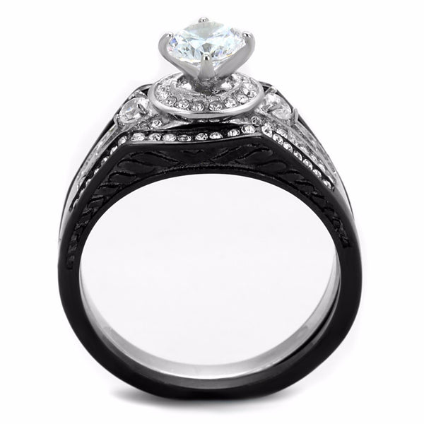 4 PCS Couple Black IP Stainless Steel 6x6mm Round Cut CZ Engagement Ring Set Mens Matching Band
