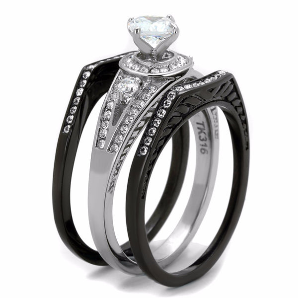 4 PCS Couple Black IP Stainless Steel 6x6mm Round Cut CZ Engagement Ring Set Mens Matching Band
