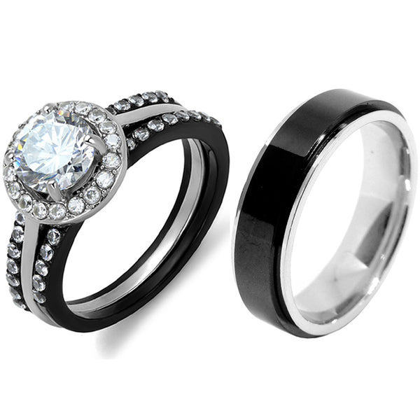 4-teiliges Paar-Set aus schwarzem IP-Edelstahl, 7 x 7 mm, runder Schliff, CZ-Verlobungsring, drehbares Band für Herren