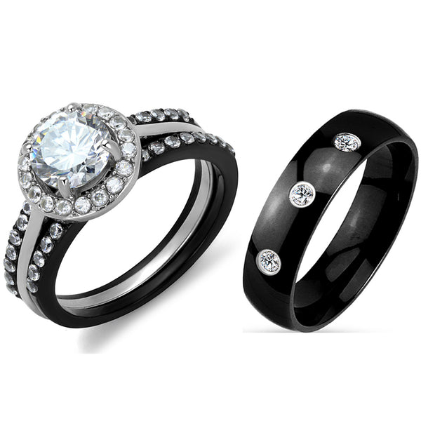 4-teiliges Paar-Set aus schwarzem IP-Edelstahl, 7 x 7 mm, runder Schliff, CZ-Verlobungsring, Herrenring mit 3 CZ-Bändern