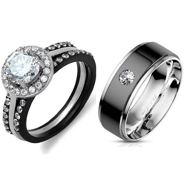 His Hers Ring Set Womens 1 Carat 7x7mm CZ Black Wedding Ring Mens Bezel Set CZ  Wedding Band