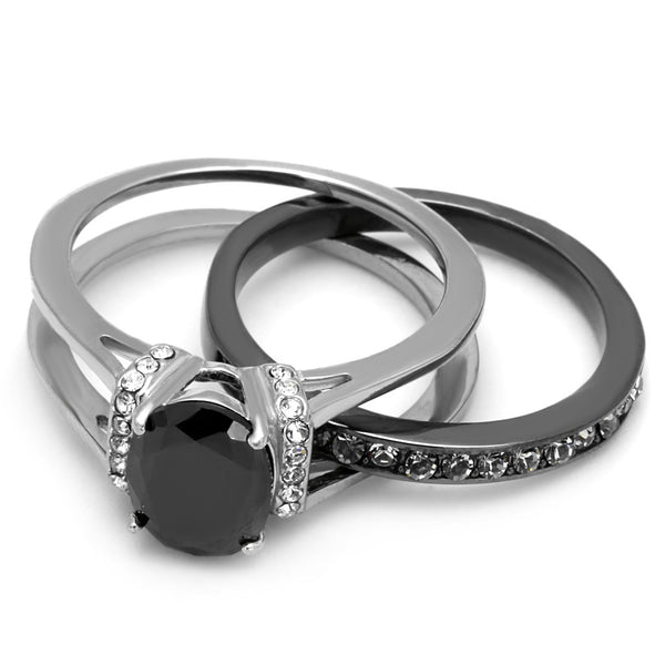 3 PCS Couple Black IP Stainless Steel 8x6mm Oval Cut CZ Engagement Ring Set Mens Flat Band