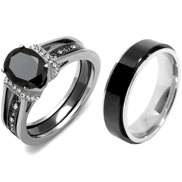 3-teiliges Paar-Set aus schwarzem IP-Edelstahl mit 8 x 6 mm ovalem Schliff und Zirkonia, Verlobungsring für Herren