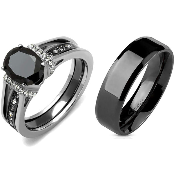 3 PCS Couple Black IP Stainless Steel 8x6mm Oval Cut CZ Engagement Ring Set Mens Flat Band